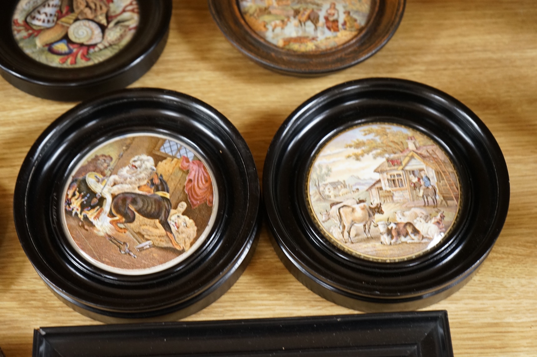 Ten various pot lids, including a rectangular shaped pot lid and frame; Wouvermann Pinx. 15cm wide not including frame.